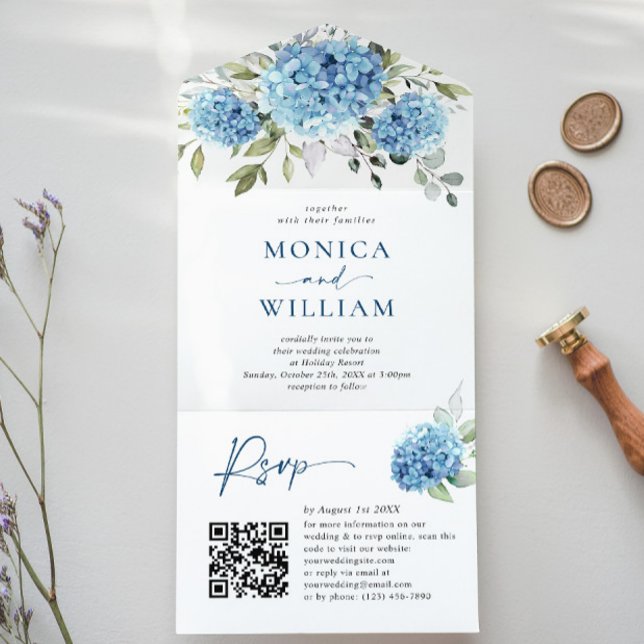 Elegante Watercolor Blue Hydrangea Código QR Casam (Criador carregado)