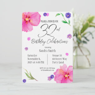 Elegante Watercolor Floral 32º Convite de Aniversá