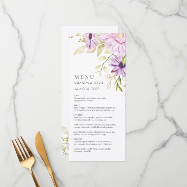 Elegante Watercolor Floral Wedding Menu Flat (Frente/Verso In Situ)