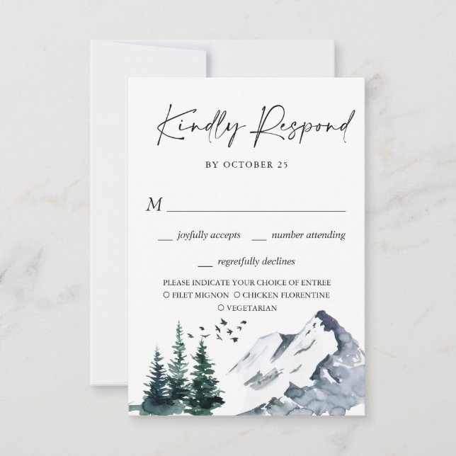 Elegante Watercolor Mountain Forest Wedding RSVP (Frente)