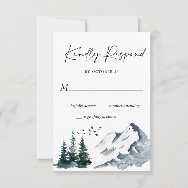 Elegante Watercolor Mountain Forest Wedding RSVP (Frente)