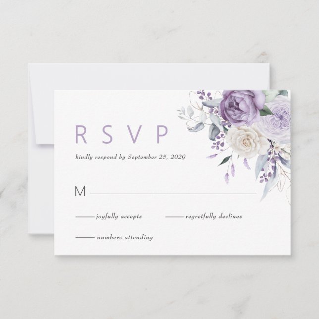 Elegante Watercolor Purple Floral Weding RSVP (Frente)