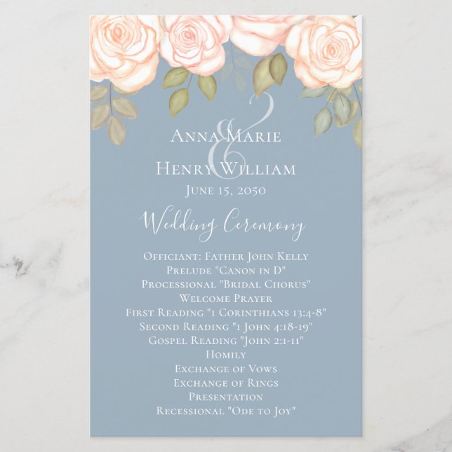 Elegante Watercolor Rosa Dusty Blue Wedage Program (Frente)