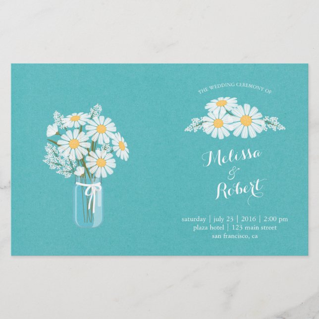 Elegante White Daisies Mason Jar Wedding Program (Frente)