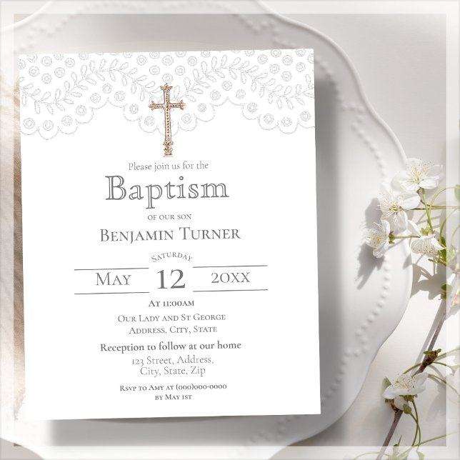 Elegante White Lace | Convite Baptism (Criador carregado)