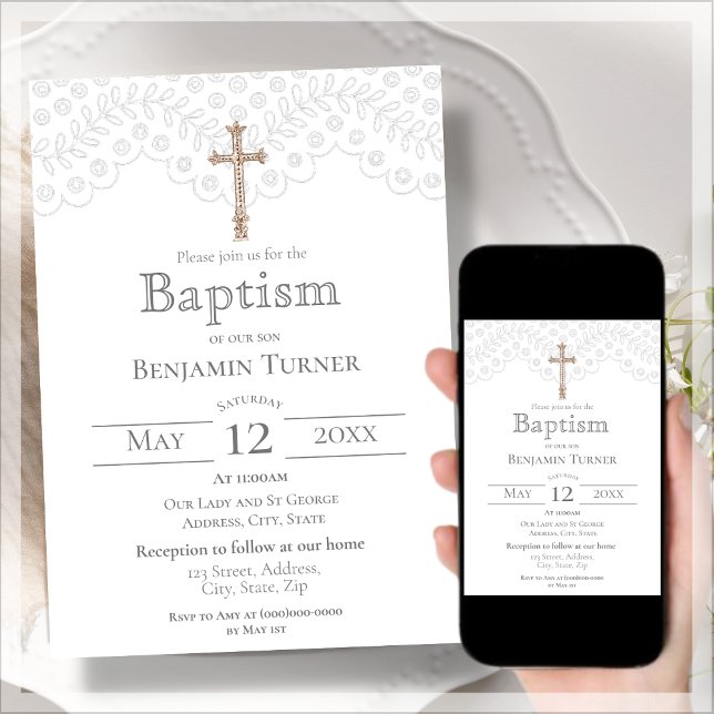 Elegante White Lace | Convite Baptism (Criador carregado)