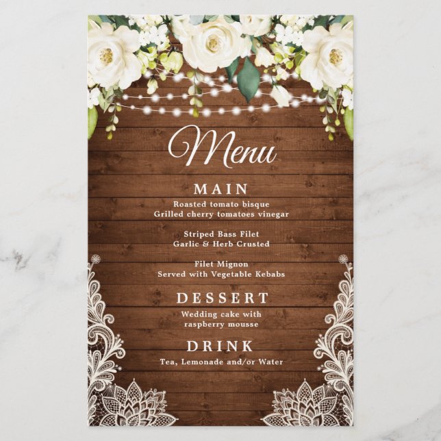 Elegante White Rose Lace Rustic Janta Menu (Frente)