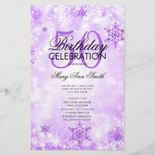 Elegante Winter 50 Birthday Program Purple Menu