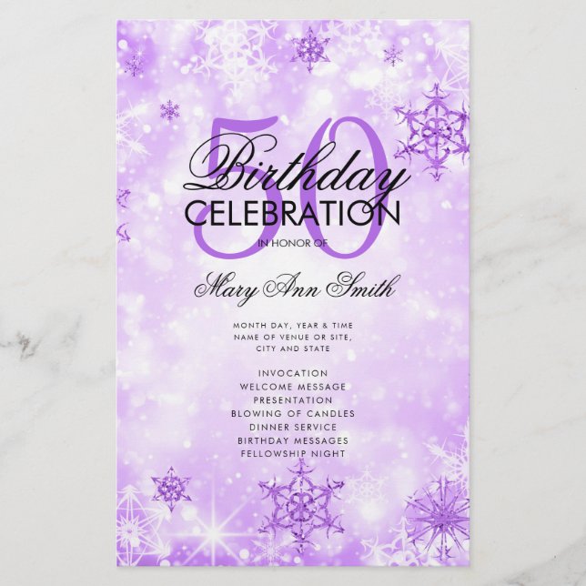 Elegante Winter 50 Birthday Program Purple Menu (Frente)