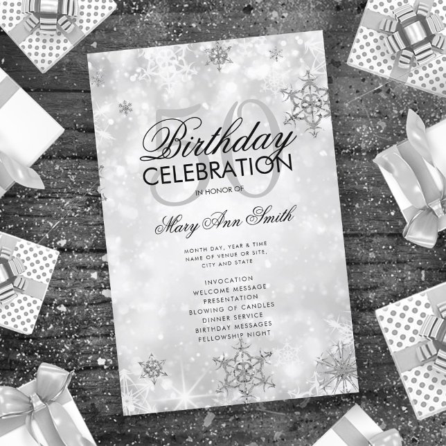 Elegante Winter 50th Birthday Program Silver Menu (Criador carregado)