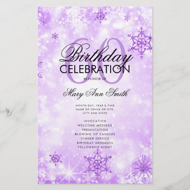 Elegante Winter 60th Birthday Program Purple Menu (Frente)