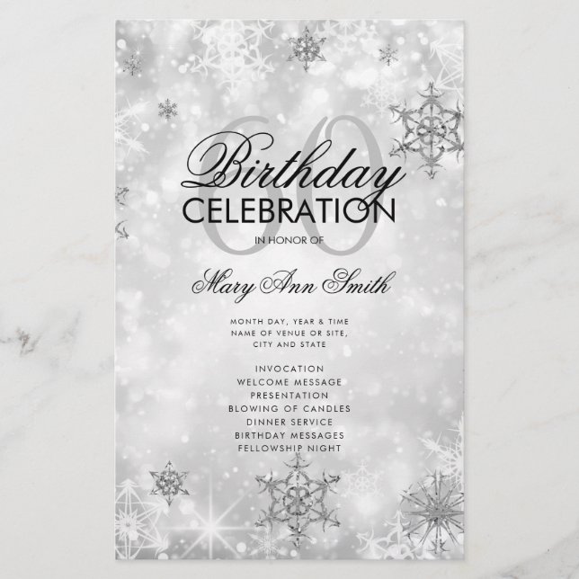 Elegante Winter 60th Birthday Program Silver Menu (Frente)