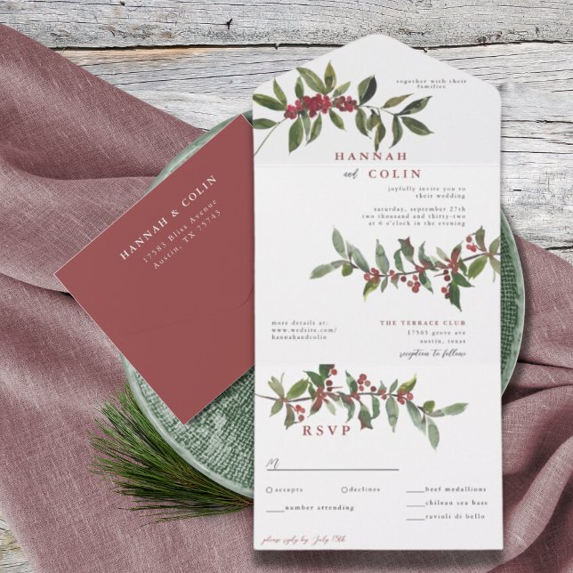 Elegante Winter Berries Red Green Watercolor (Criador carregado)