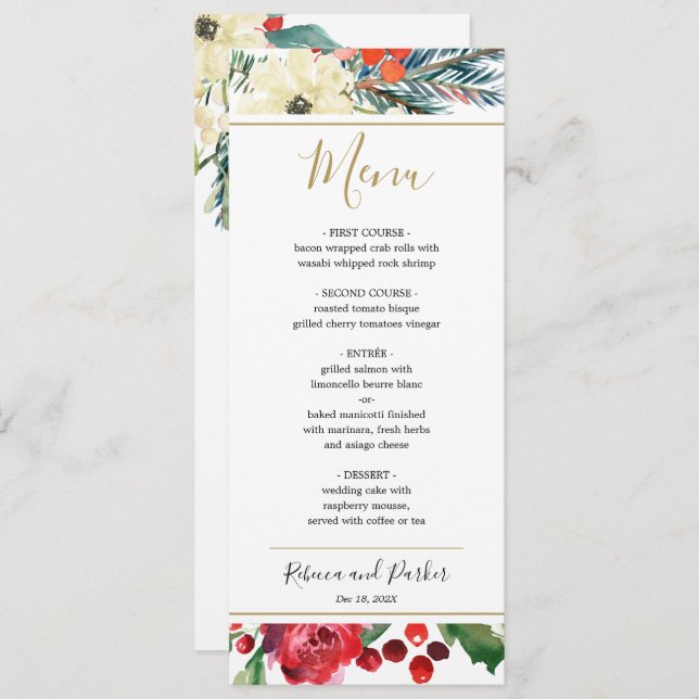 Elegante Winter floral Menu modelo (Frente/Verso)