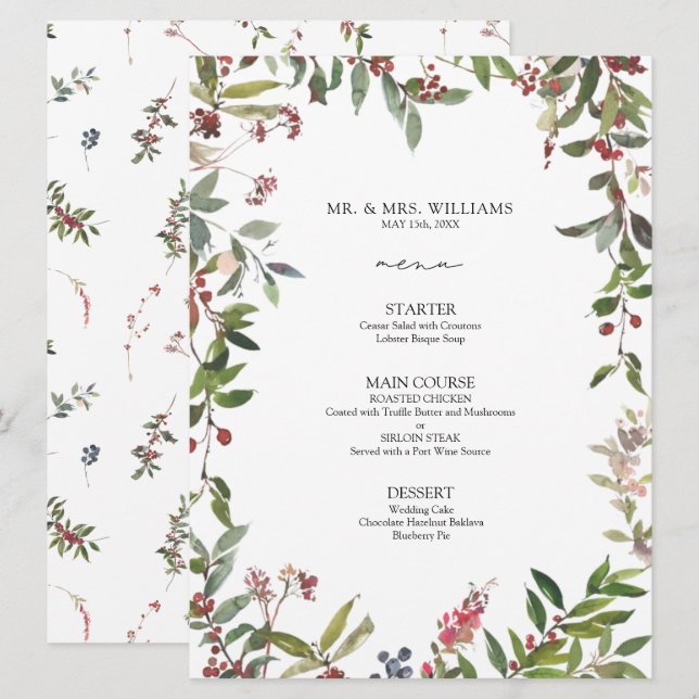 Elegante Winter Wildflower Berry Wedry Menu (Frente/Verso)