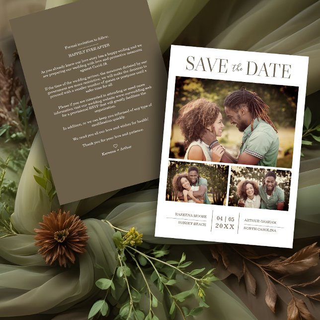 Elegante y Simples Boda de 3 Personalizado (Simple Elegant Modern 3 Custom Photos Wedding Save the Date Card.)