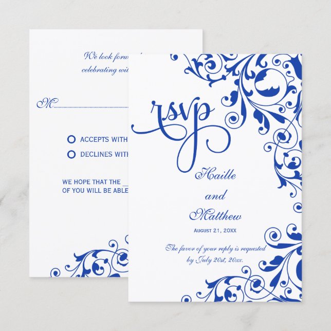 Elegantes Espirais Azul Real RSVP (Frente/Verso)
