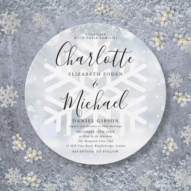 Elegantes Flocos de Neve de Inverno Convite de Cas (Elegant Winter Snowflakes Circular Wedding Invitation)