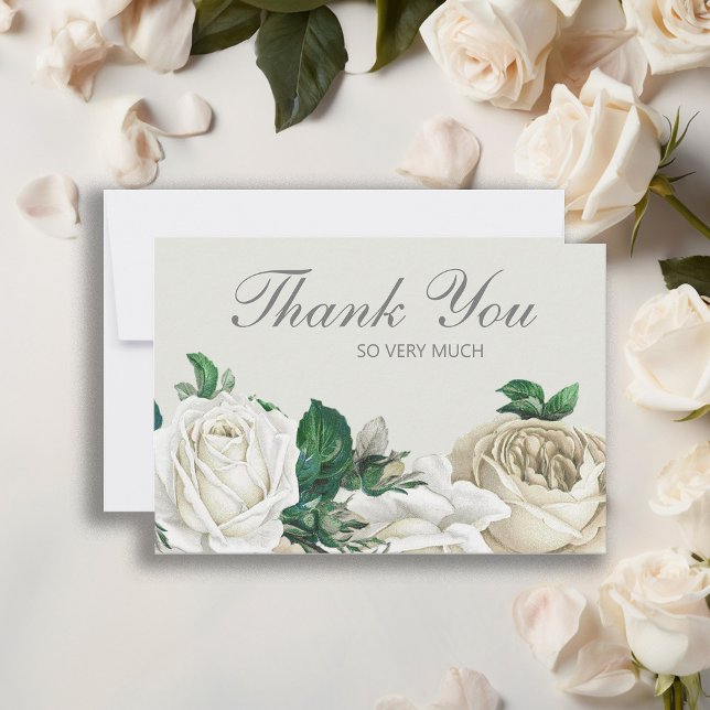 Elegantes Rosas Brancas Marfim Agradecimento Casam (Elegant white floral wedding Thank You card.)
