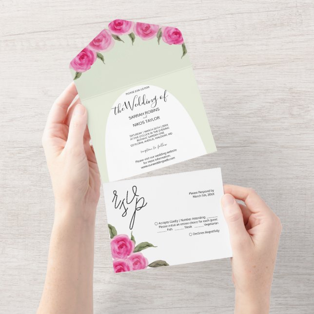Elegantes Rosas Românticas Rosa Verde em Aquarela (Aba destacável)