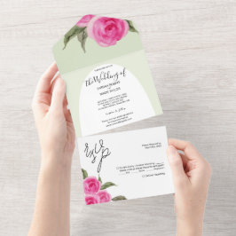Elegantes Rosas Românticas Rosa Verde em Aquarela