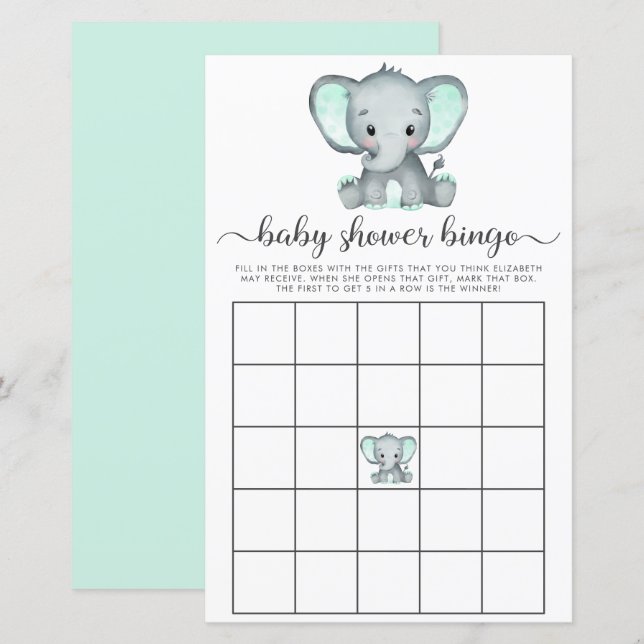 Elephant Mint Watercolor Baby Bingo Game (Frente/Verso)