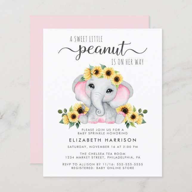 Elephant Sunflower Baby Girl Sprinkle (Frente/Verso)