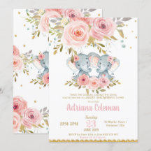 Elephant Twin Girls Chá de fraldas Convite Floral