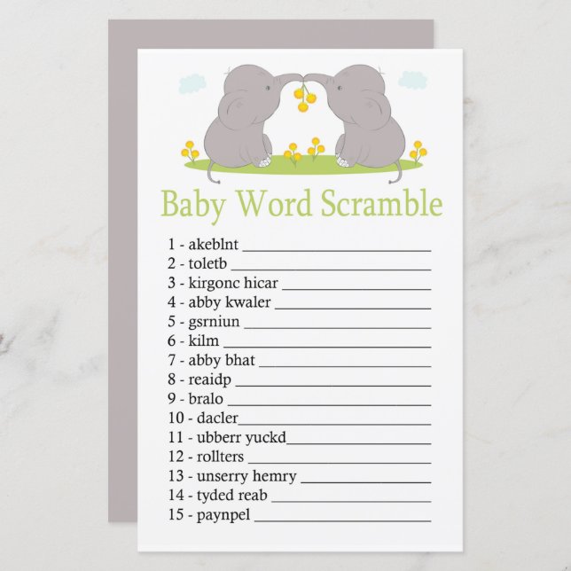 Elephants Baby word scramble game (Frente/Verso)