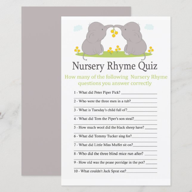 Elephants Nursery Rhyme jogo de chá de fraldas do  (Frente/Verso)