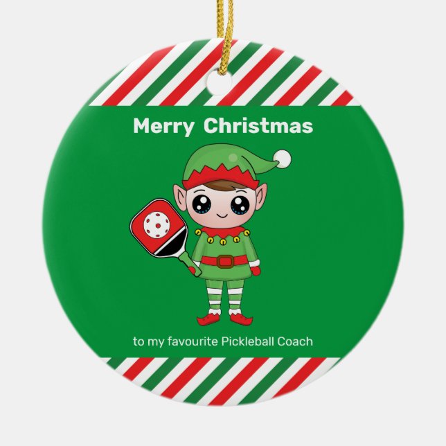 Elf de Natal de Pickleball, ornamento cerâmico (Frente)