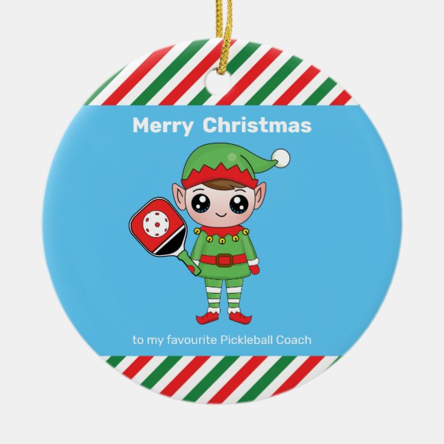 Elf de Natal de Pickleball, ornamento cerâmico (Frente)