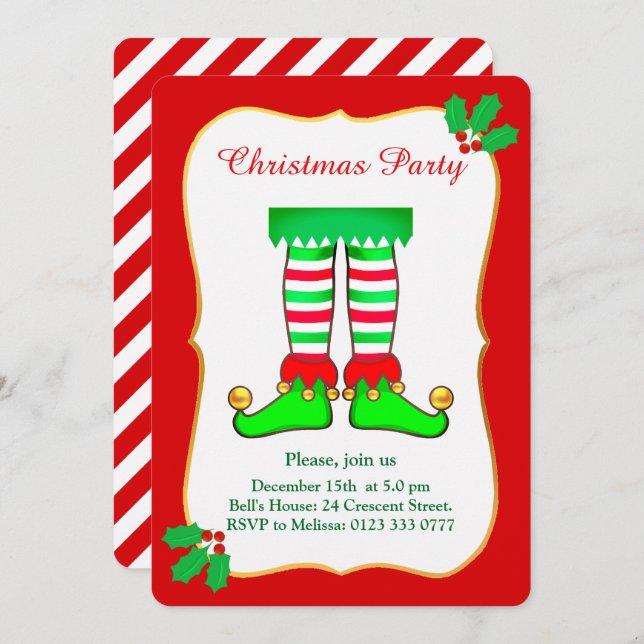 Elf de Natal no Convite de festas Vermelho (Frente/Verso)