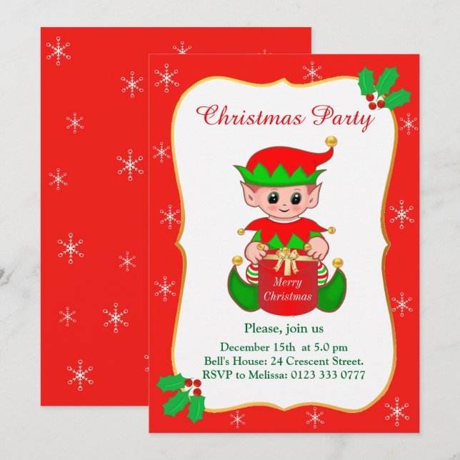 Elf e Convite de festas de Natal em Flocos de Neve (Frente/Verso)