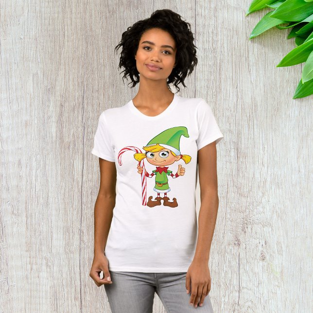 Elf Girl With Candy Cane Womens T-Shirt (Criador carregado)