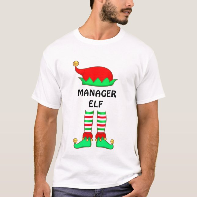 Elf T-Shirt do Gerente de Natal Moderno (Frente)