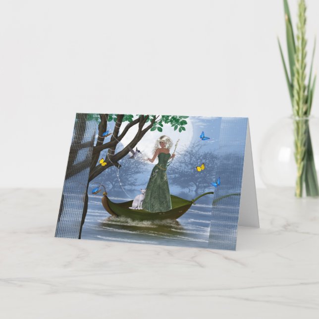 Elf & White Cat montando em um Cartão de Fantasia  (Frente)