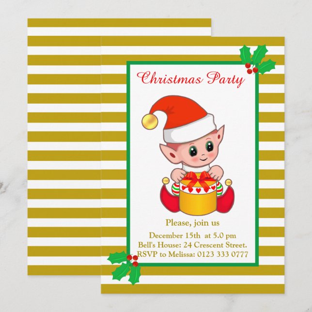 Elfo de Natal bonito no Ouro e Convite Branco (Frente/Verso)