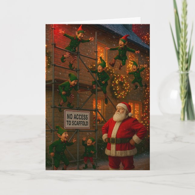 Elfos de cartão de Natal brincando em andaimes  (Frente)