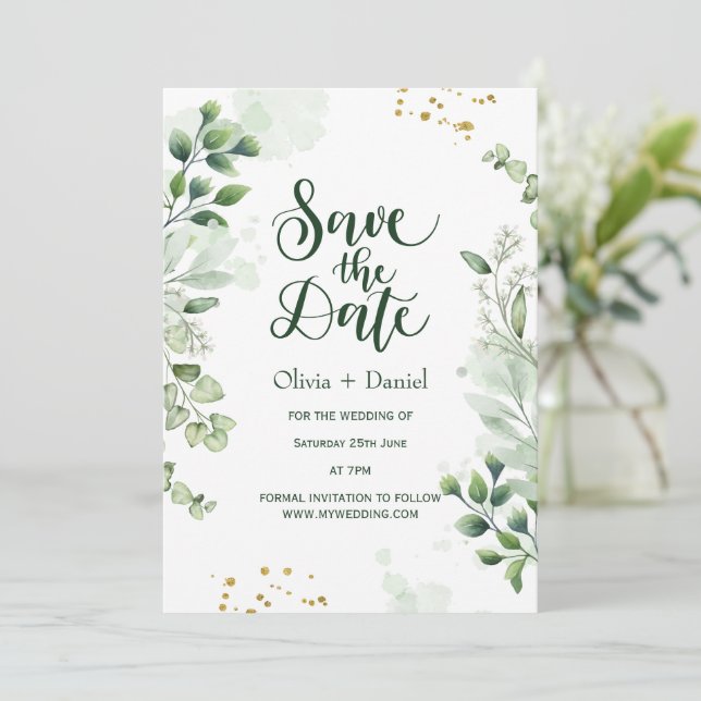 Elopemento Verde Salve O Convite De Data (Em pé/Frente)