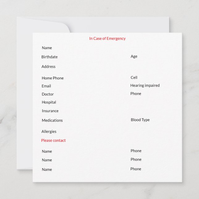 Em caso de cartão de contato de emergência (Frente)