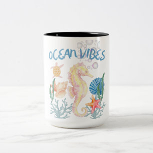 Em Dois Tons Caneca de café com cavalos-marinhos e vibrações do