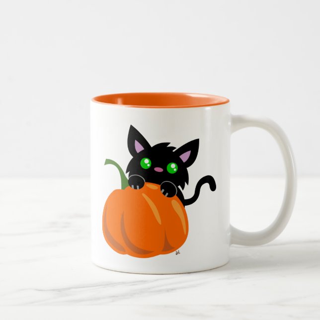 Em Dois Tons Caneca de Café com Gato e Abóbora (Direita)