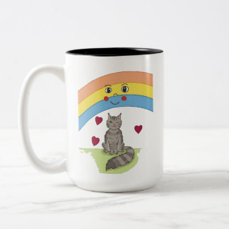 Em Dois Tons Caneca de Café com Gato Fofo Piscando sob Arco-íri
