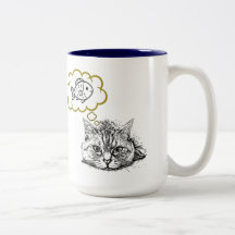 Caneca de Café com Gato Sonhando com Peixe Desenha