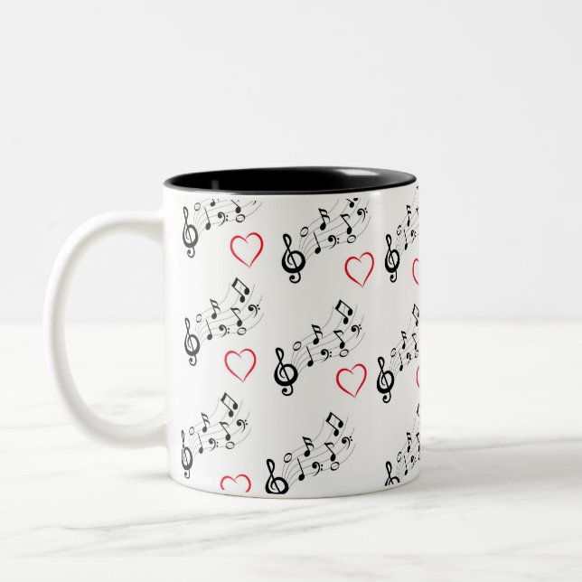 Em Dois Tons Caneca de Café com Notas Musicais e Corações (Esquerda)