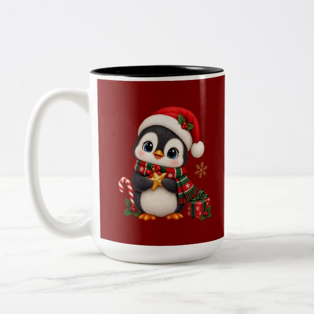 Em Dois Tons Caneca de café com pingüim de Natal fofo com chapé (Esquerda)