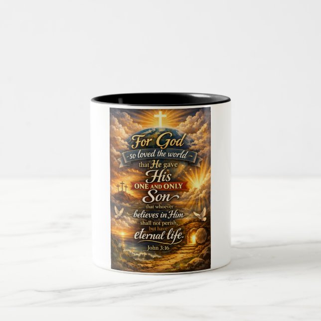 Em Dois Tons Caneca de café com versículo bíblico João 3:16  (Centro)