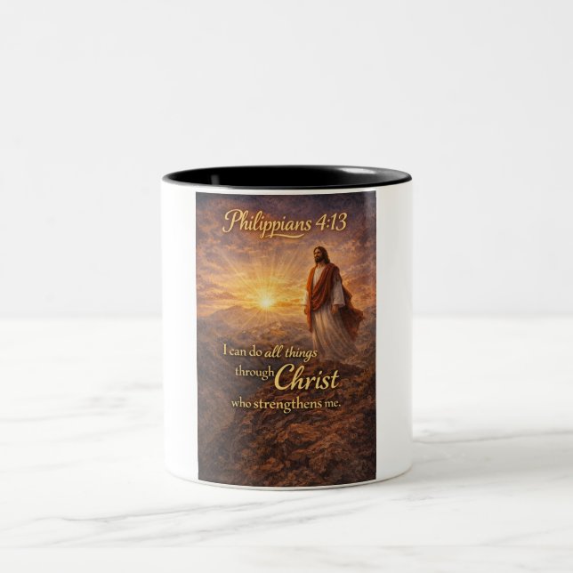 Em Dois Tons Caneca de Café Cristã Filipenses 4:13 (Centro)