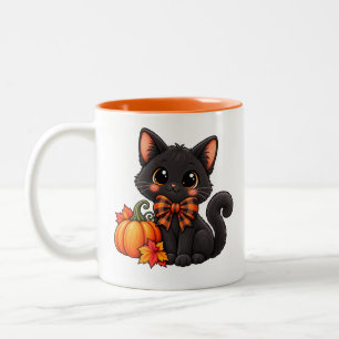 Em Dois Tons Caneca de café de Halloween com gato preto fofo e